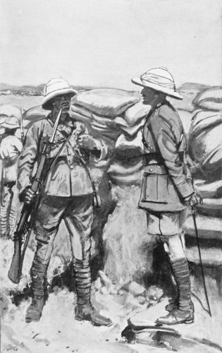 Two British soldiers in sun helmets and knee-high boots facing each other