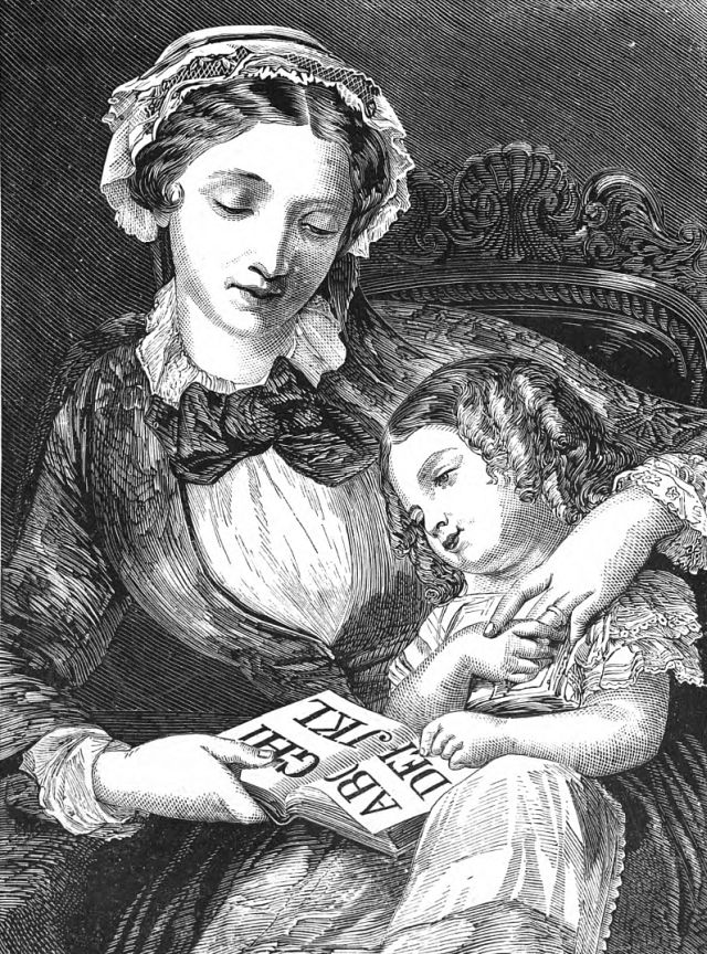A woman is holding a child on her lap and looking at a book of the alphabet.