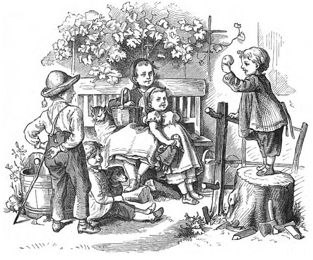 Boy standing on a tree stump holding up an apple and facing a group of children