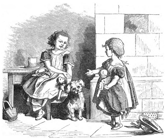 Two girls facing each other, the one on the left is seated and the one on the right is standing. Both have dolls in their hands and a dog is sitting between them.
