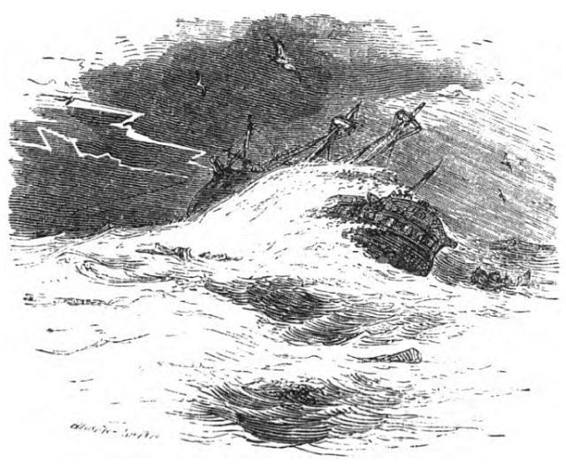 A sailing ship, on the ocean, is being capsized by a large wave