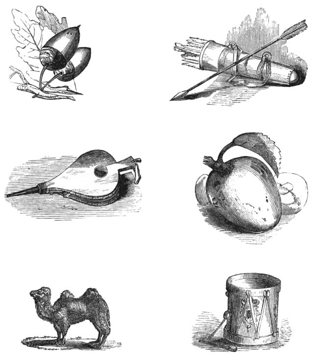 Six illustrations showing acorns, an arrow and a quiver, a bellows, an apple, a camel, and a drum