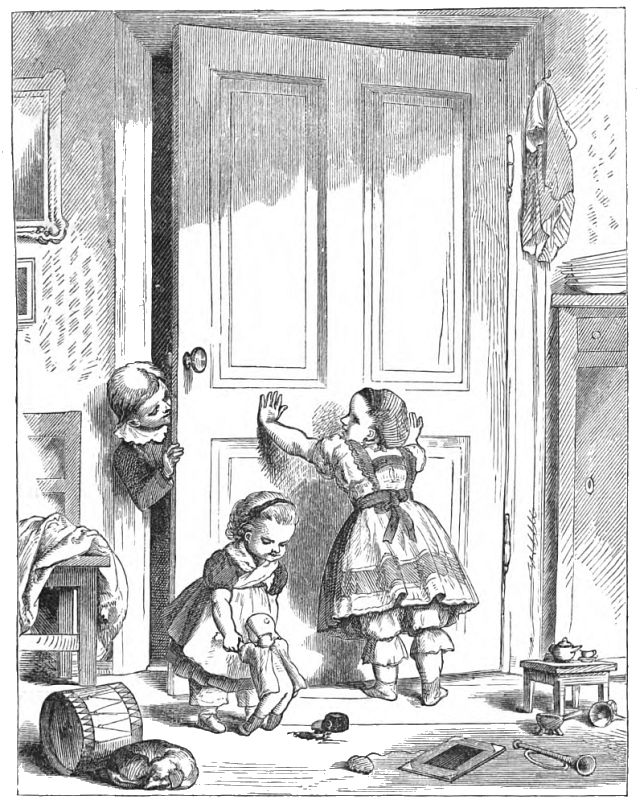 A girl is holding a door closed as a boy is trying to come in, while another girl plays with her doll