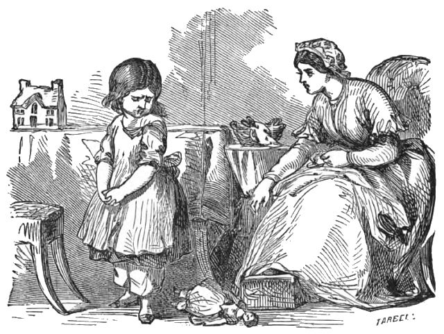 A woman is sitting in a chair looking at a girl who appears to be pouting