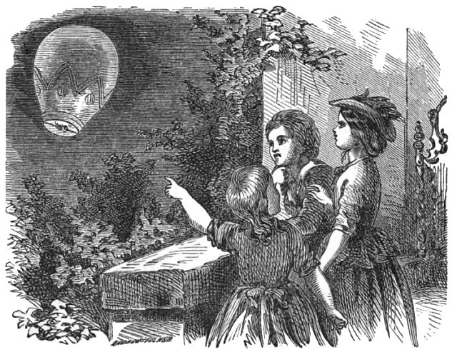 Three children are looking at a balloon in the night sky. One child is pointing to the balloon.