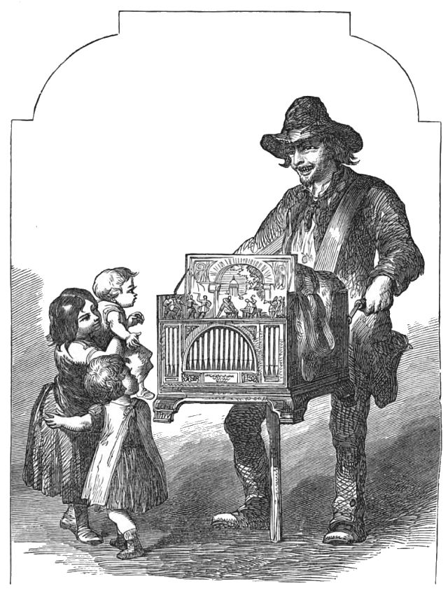 An organ grinding is playing for a group of children