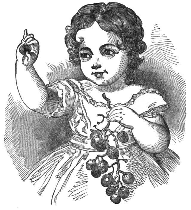 A girl is holding a clump of grapes in one hand and a single grape in the other hand