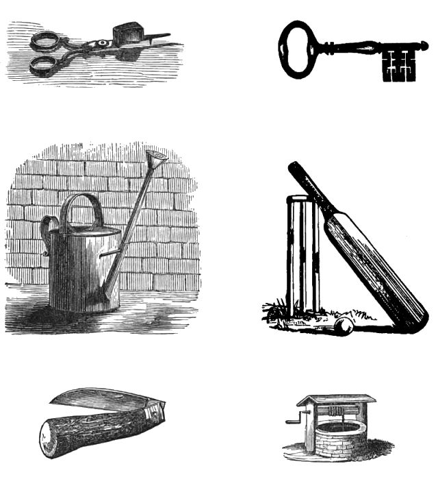 Illustration of a pair of scissors, a key, a watering can next to a wall, a wicket, a buck knife and a well.