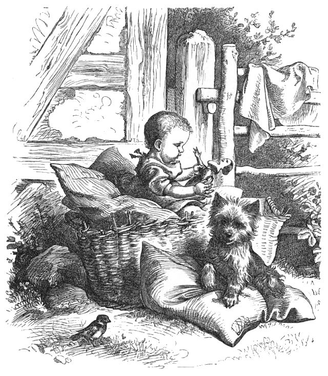 A baby is sitting in a large basket playing with a doll while a dog sits on a cushion next to the basket.
