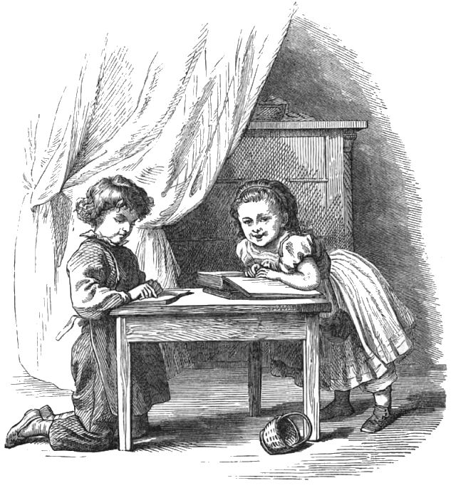 Two children are at opposite sides of a table reading books
