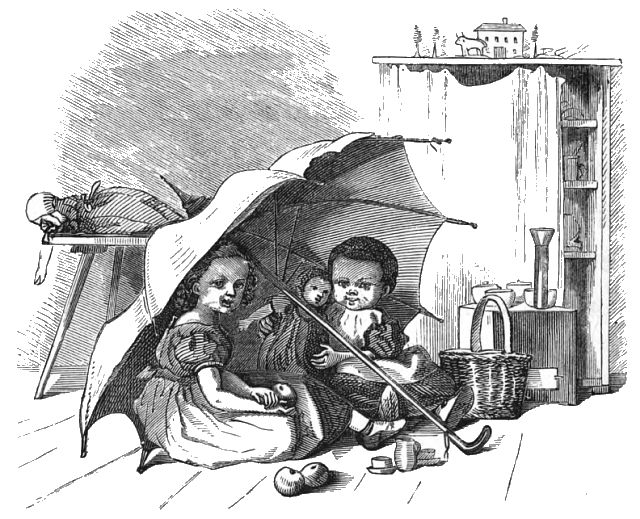 Two children are sitting under an umbrella indoors while playing