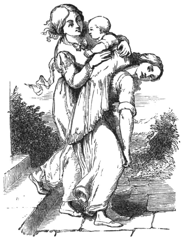 A baby is being held on the back of one woman while another woman is holding it