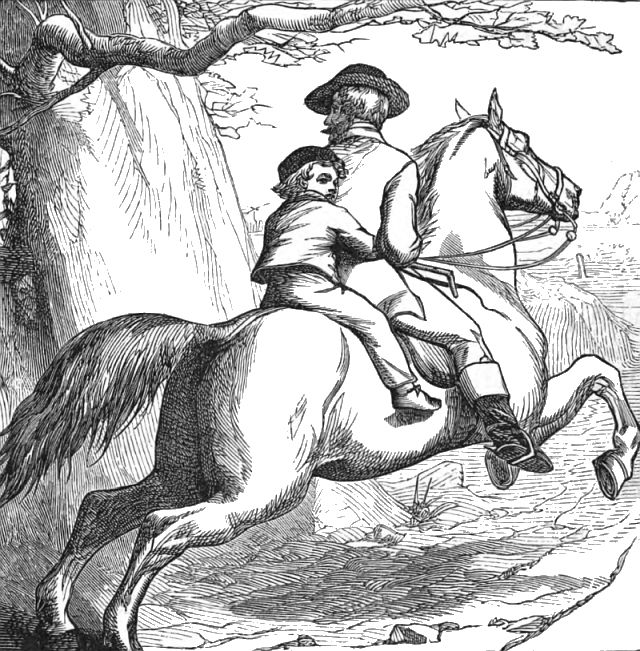A boy is holding on to a man as they both ride a horse