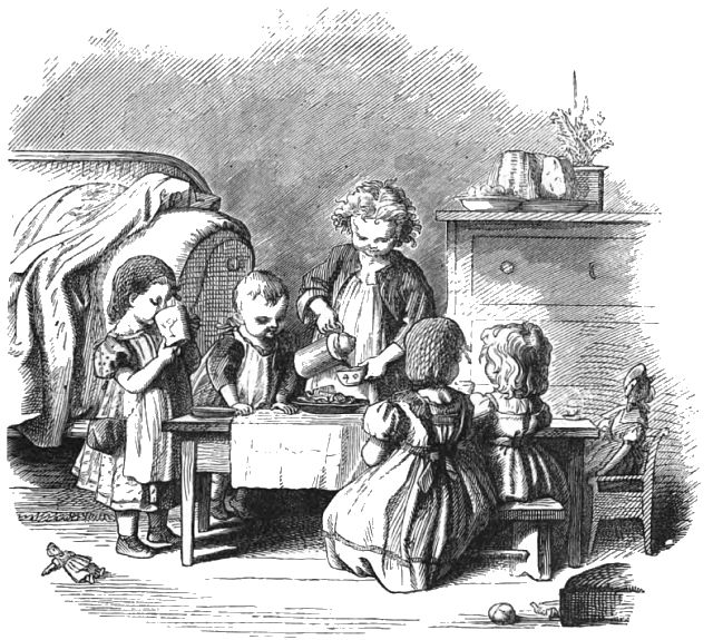 A group of chldren are aroudn a small table having a tea party