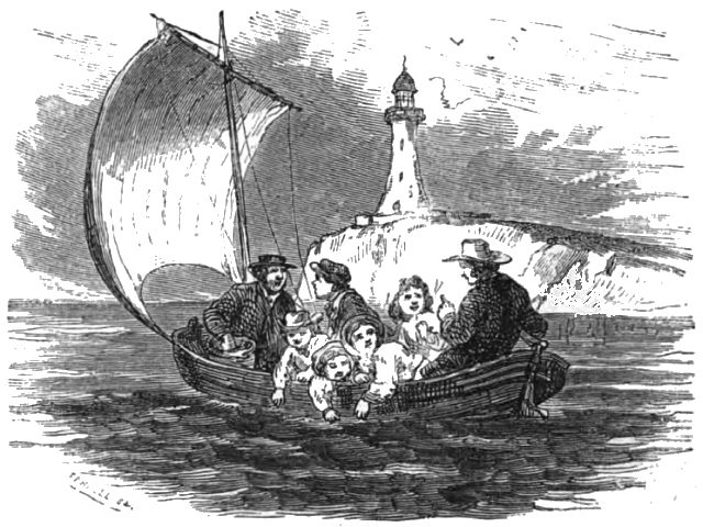 A group of people are in a sailboat on the ocean near a lighthouse