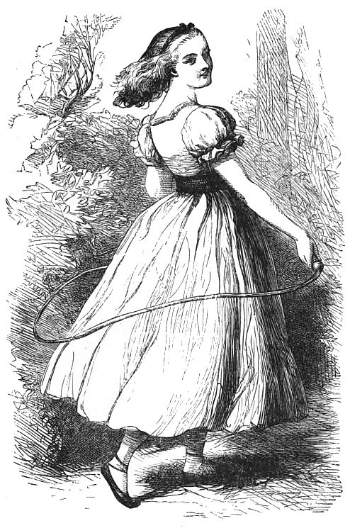 A girl with long hair is wearing a long dress and skipping rope