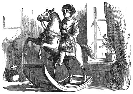 A boy is sitting on a rocking horse
