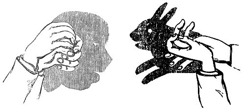 On the left is a hand with a shadow making a face. On the right is a hand with a shadow making a rabbit.