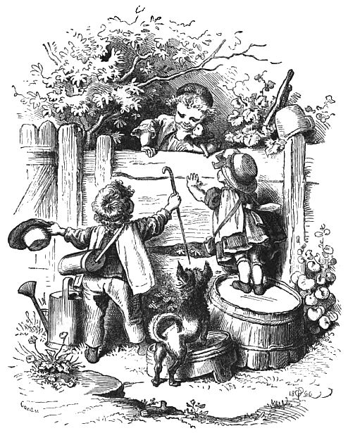 A boy and a girl are standing on one side of a fence while another child is talking to them over the fence. The girl is standing on an overturned half-barrel and a dog is standing between the boy and the girl.