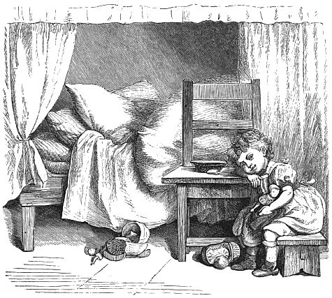 A girl is sitting on a stool leaning on a chair. There is a bed behind the chair