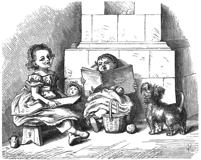 Two children are sitting in front of a fireplace. One child is holding a piece of paper and sitting on a stool. The other child is sitting on the floor reading a book. A small dog is standing nearby and looking at the children.