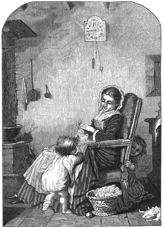 A woman is sitting in a chair knitting. One child is next to her and another child is hiding behind the chair.
