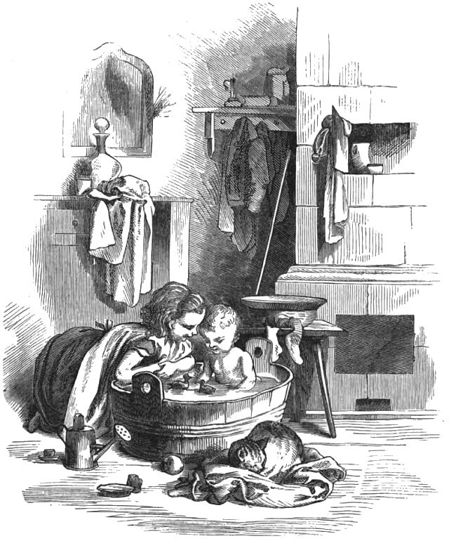 A child is being bathed in a wooden tub while an older child is bending over the tub and looks on. There is a cat sleeping on a piece of cloth on the floor.