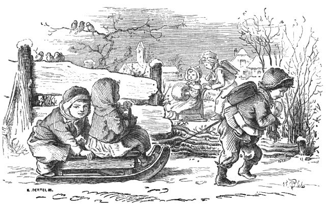 In a snowy scene, two children are sitting on a sled which is being pulled by another child.