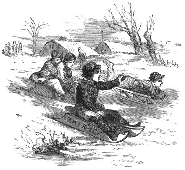 three children are sledding down a snowy slope