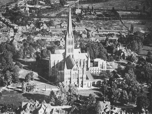 an aerial view of 1930’s Salisbury proper and Salisbury Cathedral