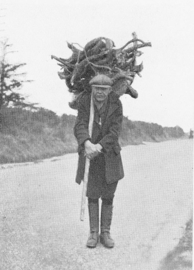 old man carrying tied bundle of wood with a long stick over his shoulder