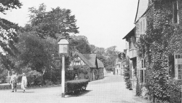 village street with ivy-covered buildings