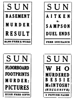 4 Sun posters: Basement Murder Result; Floorboard Footprints Murder; Aitken v. Sampson Duel Ends; Who Murdered Bessie McIntosh?