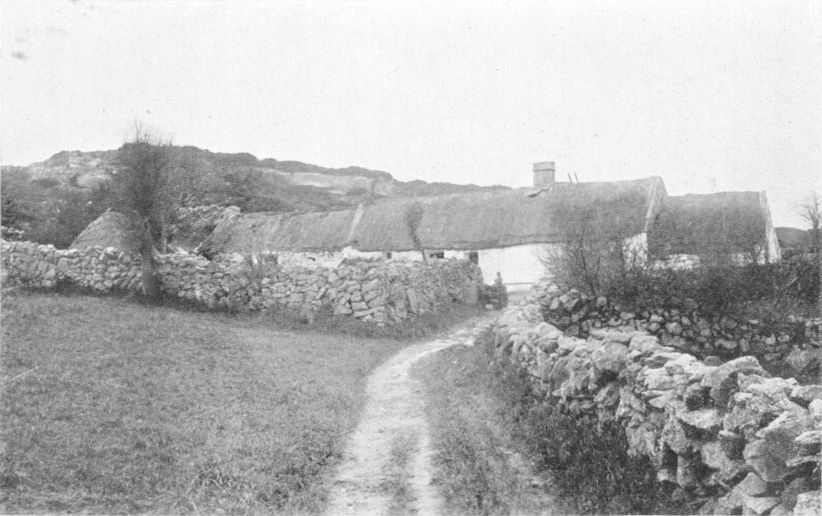 a lane, stone fence and farm house