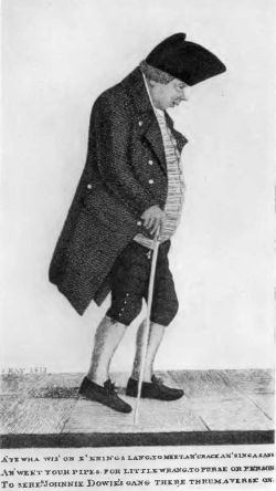 Johnnie Dowie with a pot belly walking with a cane