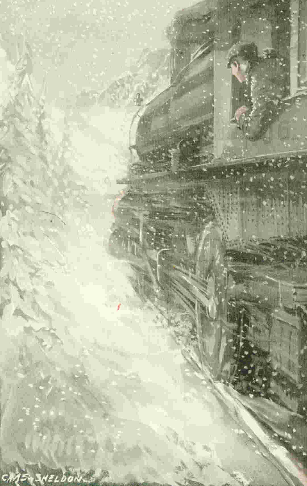 Man peering out of speeding railway engine