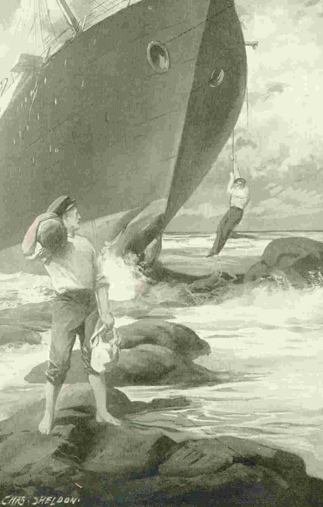 Two men depart wrecked ship