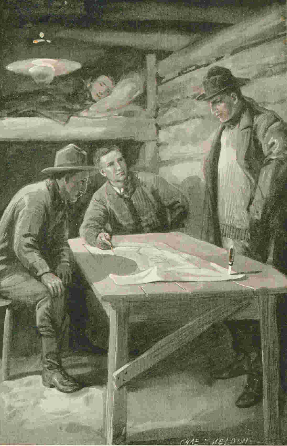 Three men in a cabin