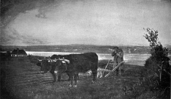 farmer with two oxen and a hand plow