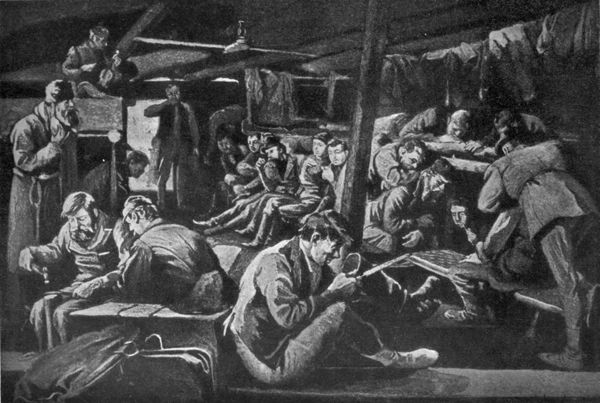 crowded room with many men and bunk beds