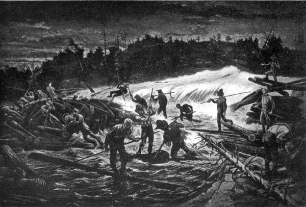 men trying to disentangle jammed logs