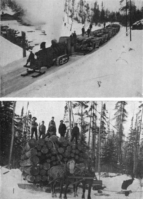 sledsful of logs hauled by steam tractor and horses