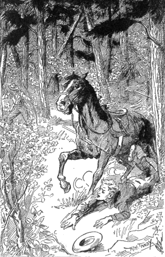 Frank flat on the ground under his horse in a wooded area with an arrow flying over his head coming from a man with a bow