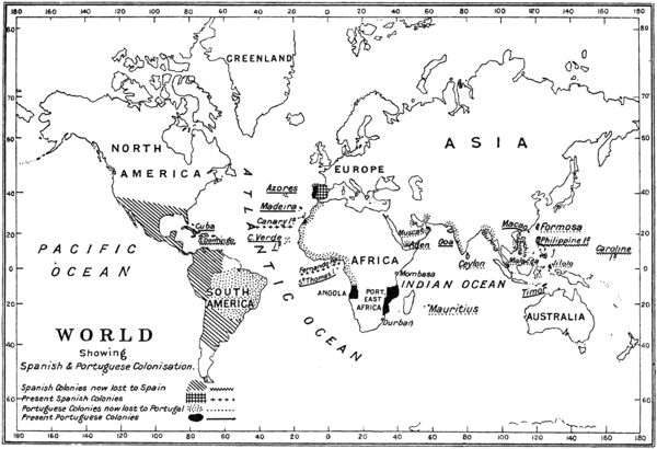 World map showing Spanish & Portuguese Colonisation.
