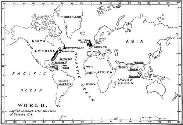 Map showing English colonies after 1713.