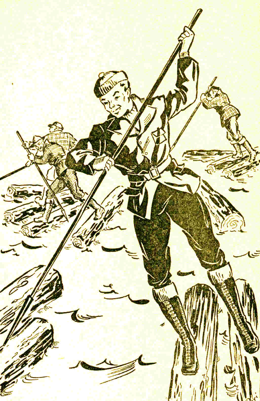 Men controlling logs on a river