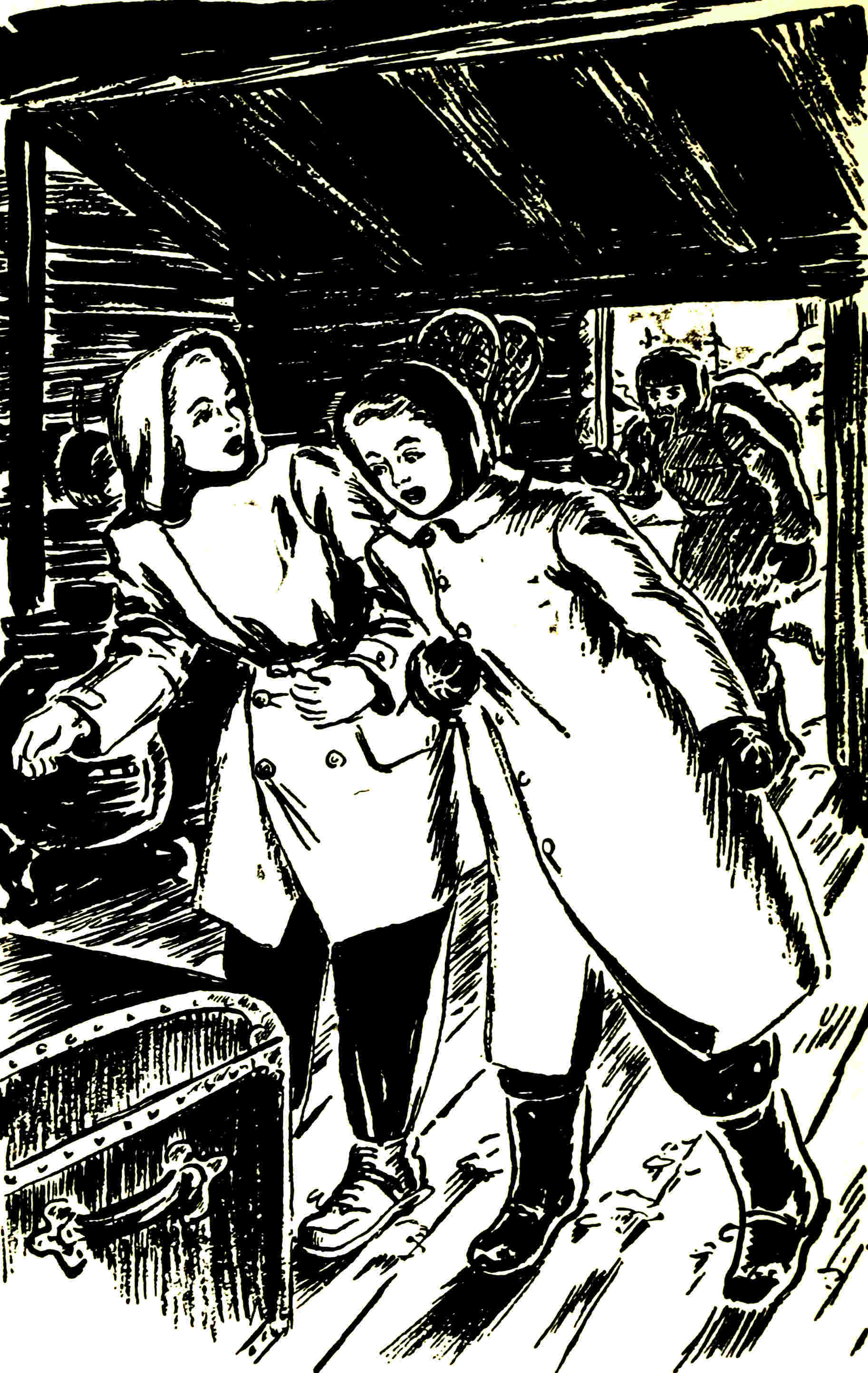 Two women searching a cabin