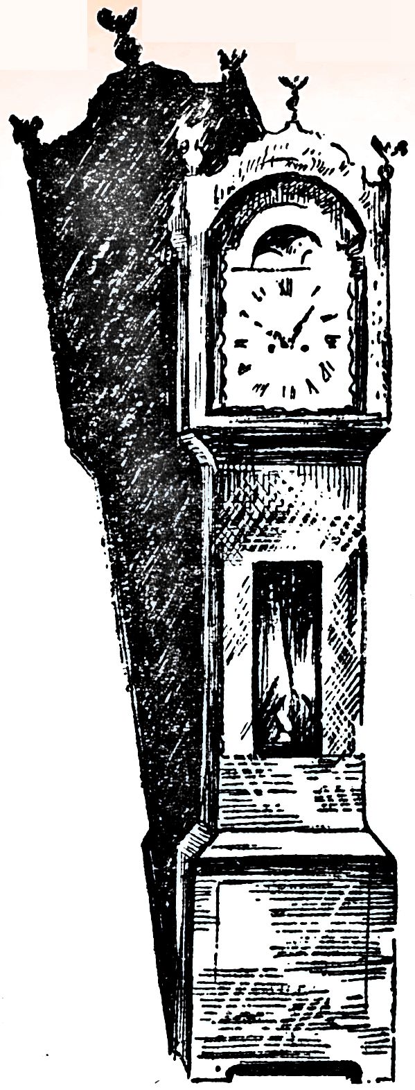 Line drawing of a grandfather clock, with a shadow