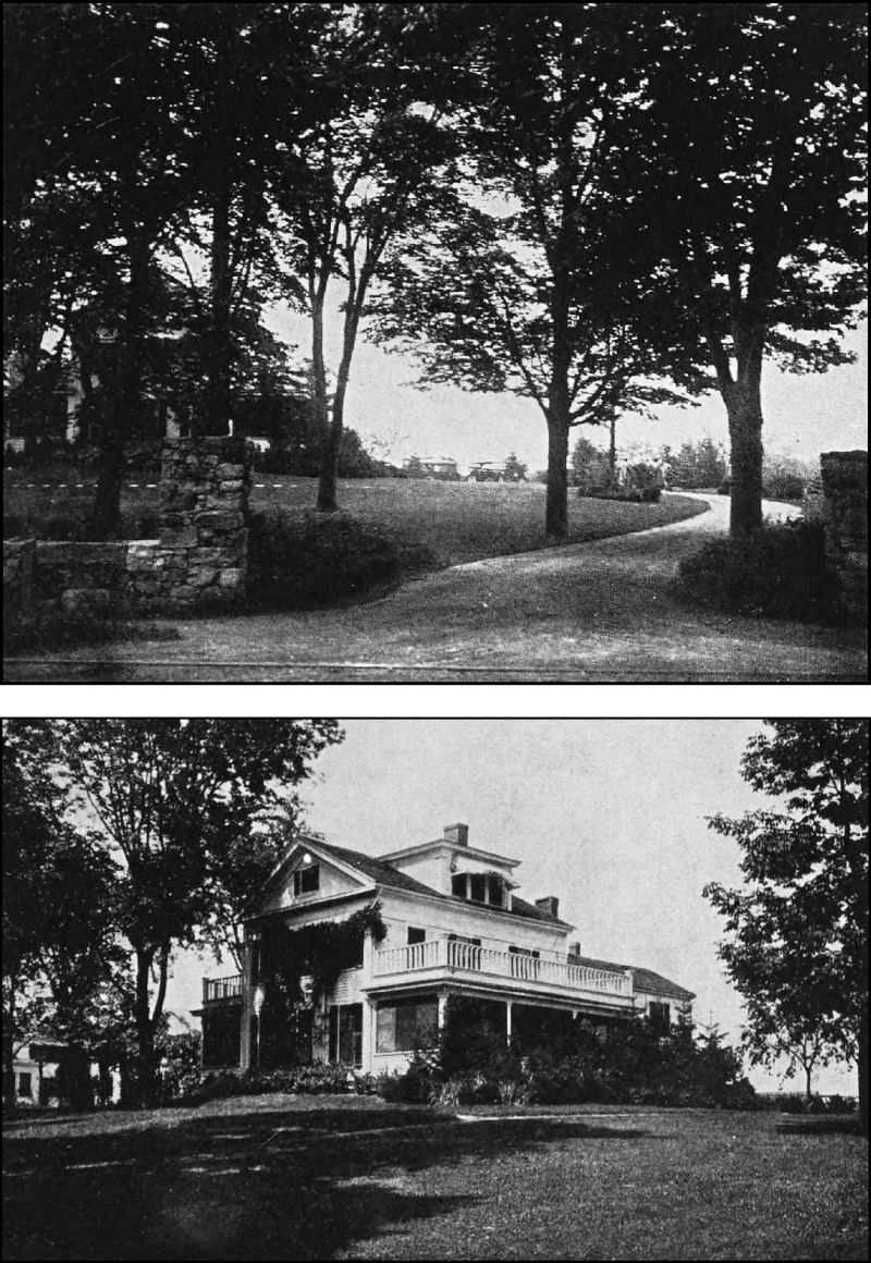 The upper image is of an outdoor setting with a winding pathway that meanders through a grassy landscape, flanked by towering trees. The lower image is of a large, two-story house with a wrap-around porch and a balcony on the second floor, flanked by trees and shrubs.