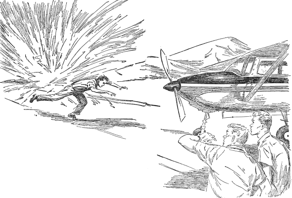 Frank running toward plane with blast as Chet and Joe watch beside plane